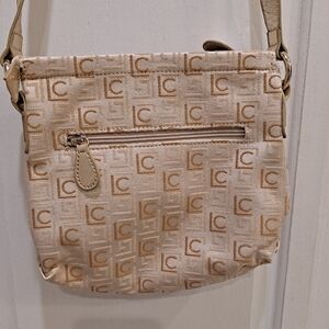 Liz Claiborne Monogrammed Tan and Gold Small Crossbody Bag
